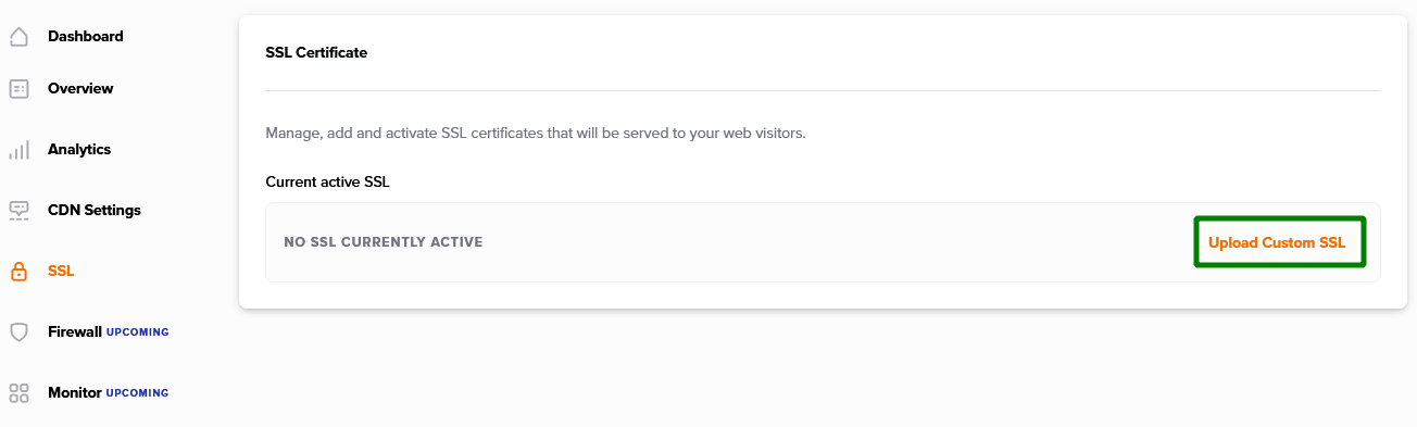The Upload Custom SSL option is highlighted within the dashboard