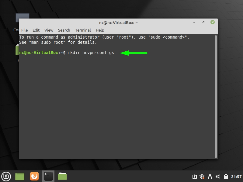 Example of a command in Linux Mint creating folder for FastVPN
