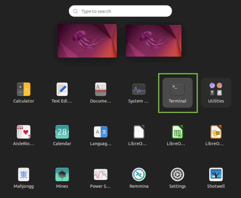 A screenshot of the Linux Ubuntu 18 main desktop, with the Terminal icon in focus.