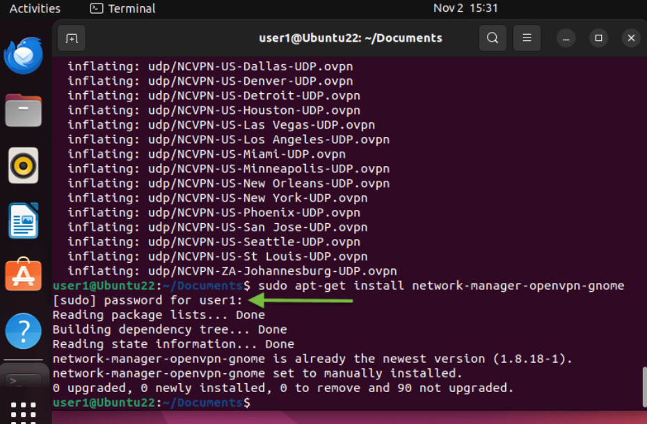 A screenshot of the Linux Ubuntu 18 shows where to enter your password when setting up OpenVPN.