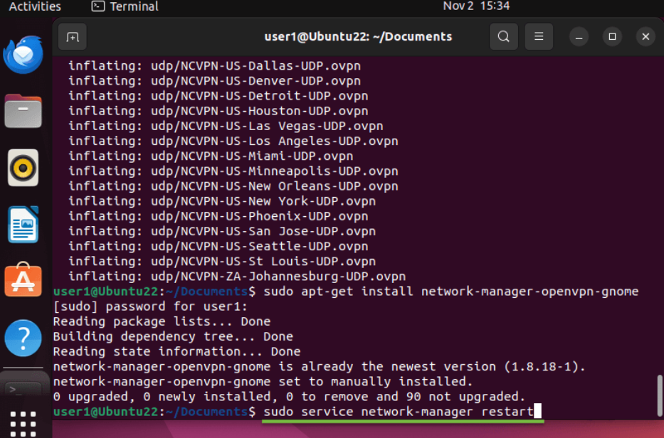 A screenshot of the Linux Ubuntu 18 shows how to restart the network manager.