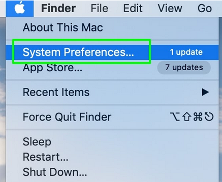 System Preferences is highlighted on a Mac menu