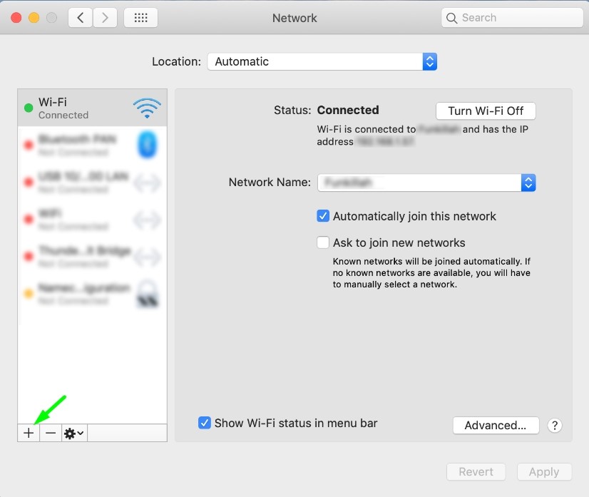 Network options for Mac are shown, with a green arrow pointing to the plus symbol where you can add VPN