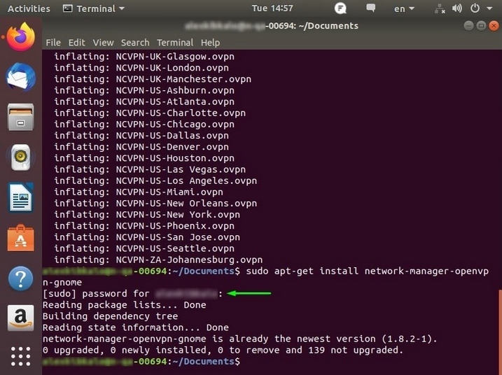 A screenshot of the Linux Ubuntu 18 shows where to enter your password when setting up OpenVPN.
