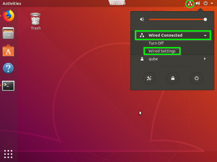 A screenshot of the Linux Ubuntu 18 desktop shows the Wired Connected settings options.