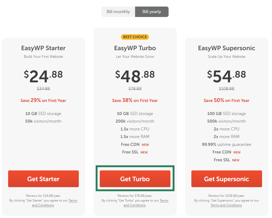 Three EasyWP WordPress hosting plan choices are shown