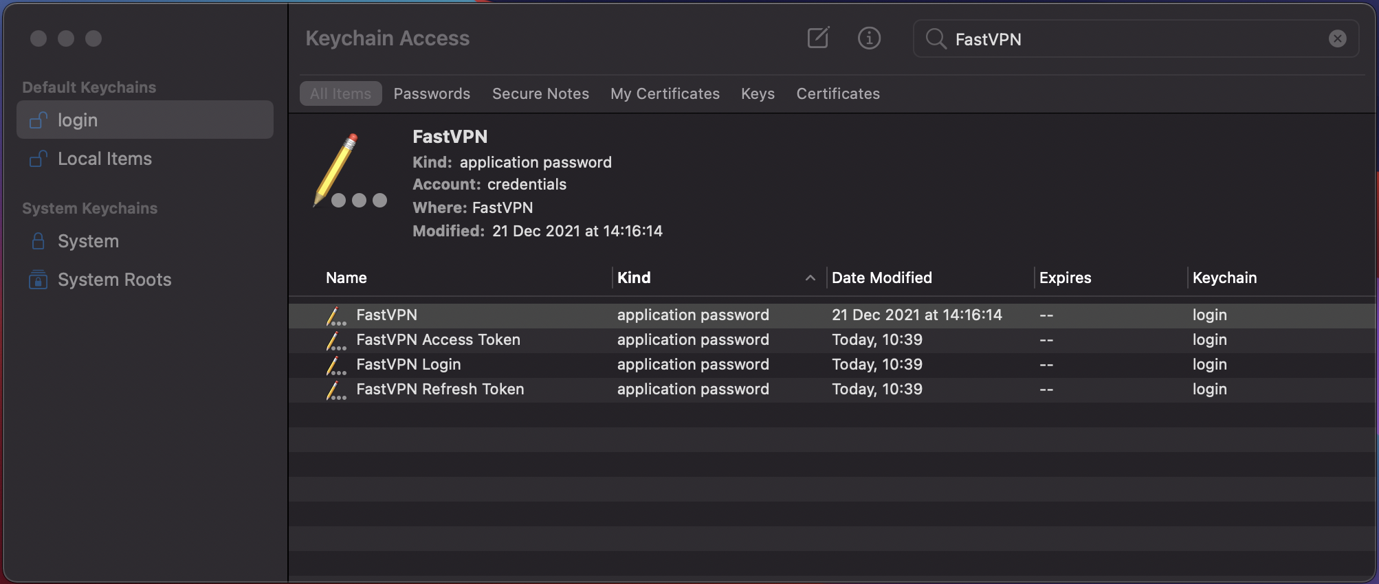 Screenshot of the Keychain access settings on MacOS