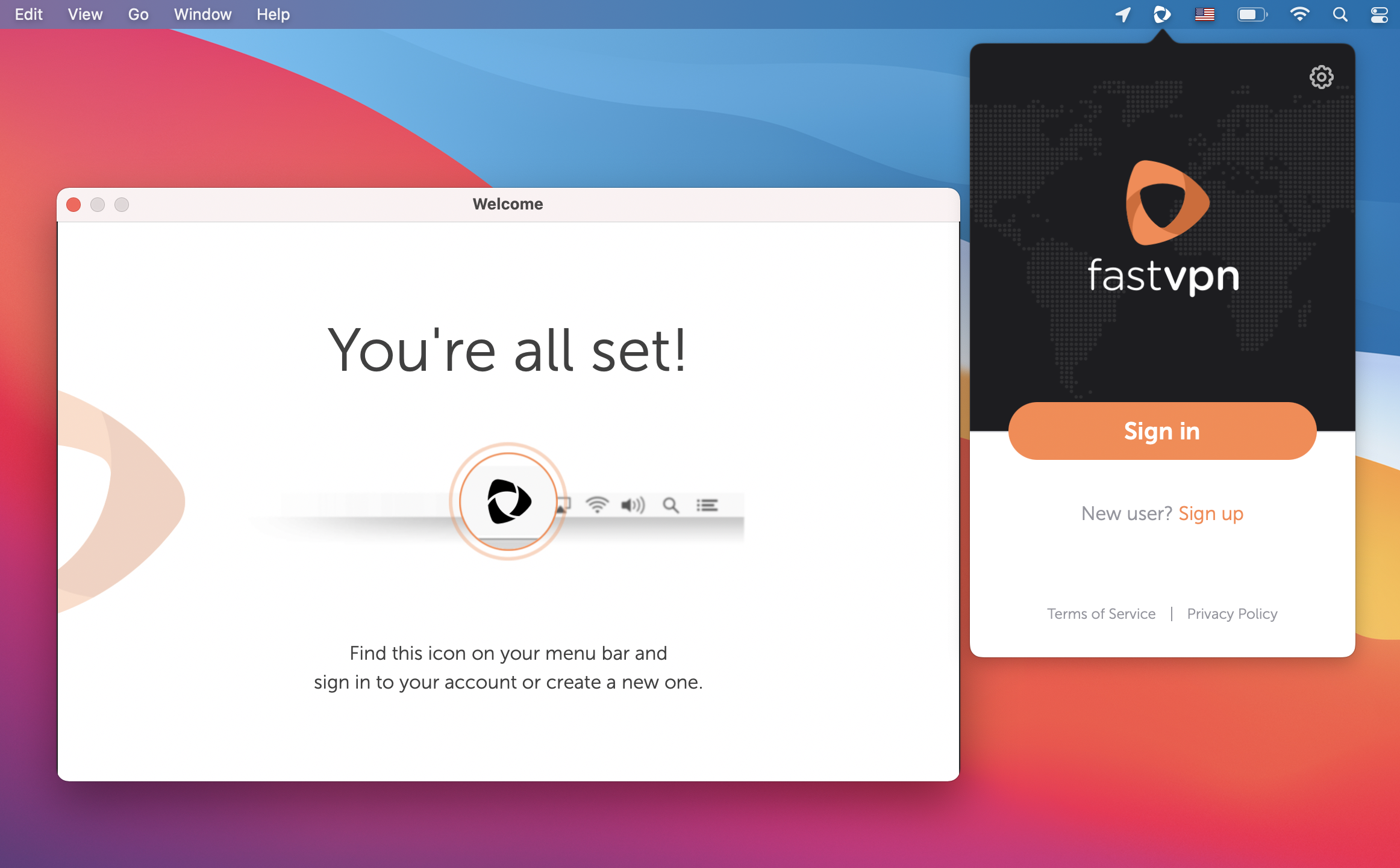 Example of a MacOS desktop with the FastVPN app launched