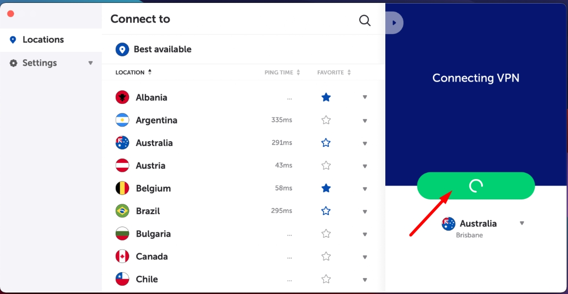 Screenshot of the Connection console in Namecheap VPN