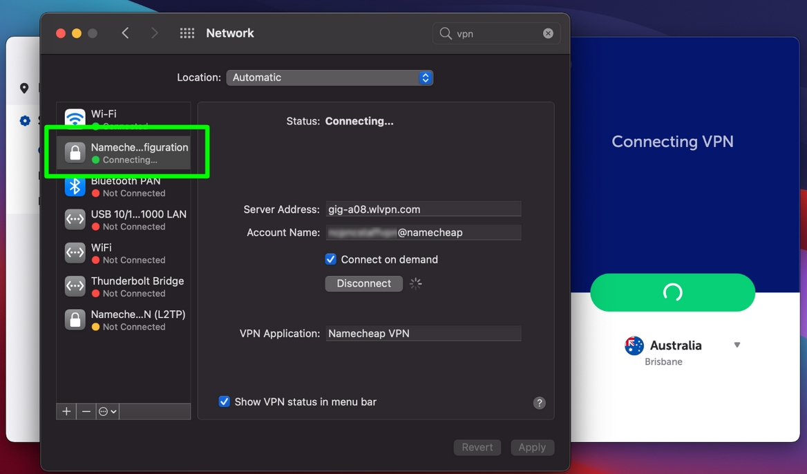 A green rectangle highlights Network Configurations for Namecheap VPN