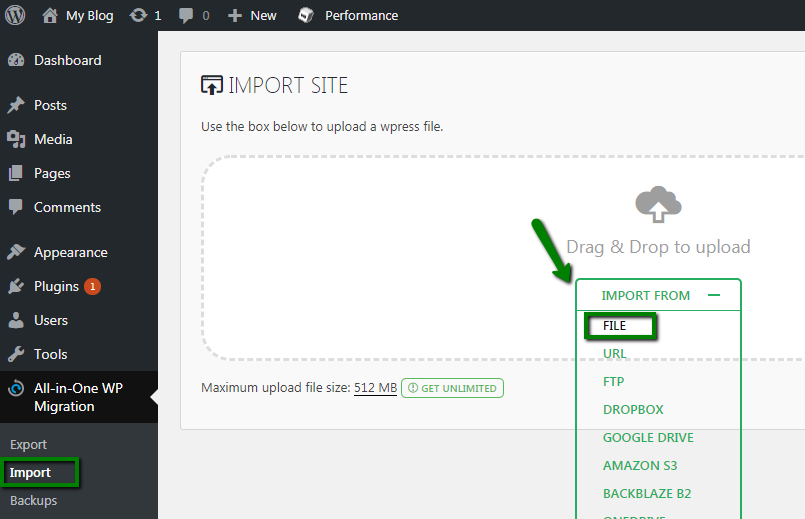 The import site screen within the WordPress dashboard