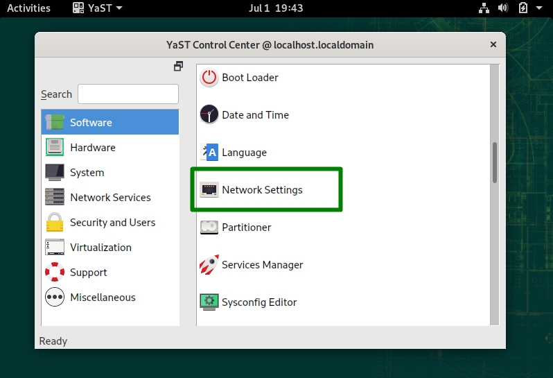 The YaST Control Center in OpenSUSE