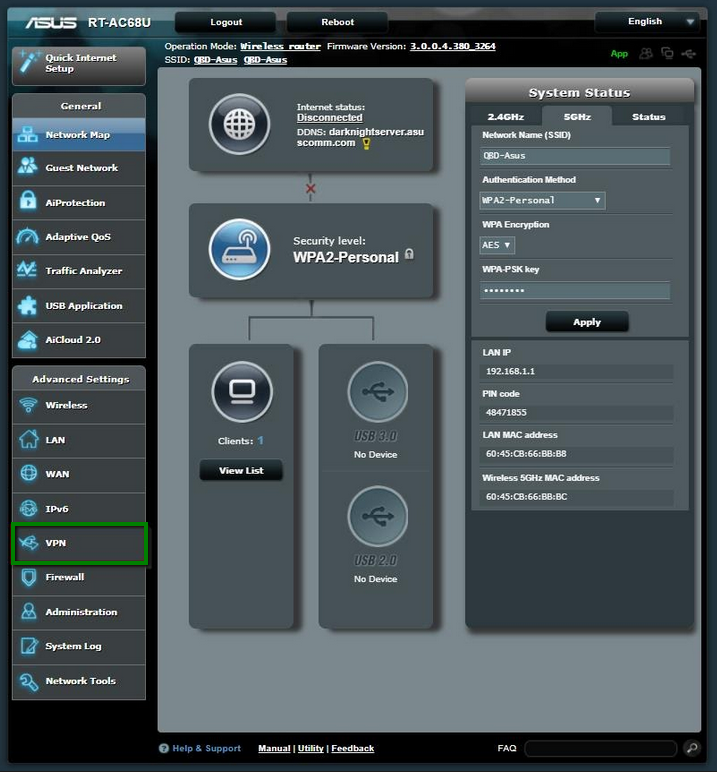 Screenshot of ASUS Router settings dashboard
