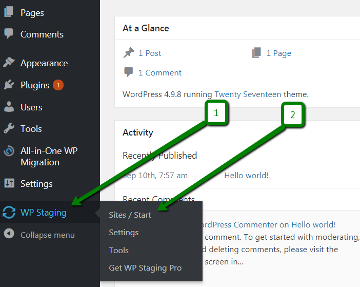 An example of the staging options inside the WordPress dashboard
