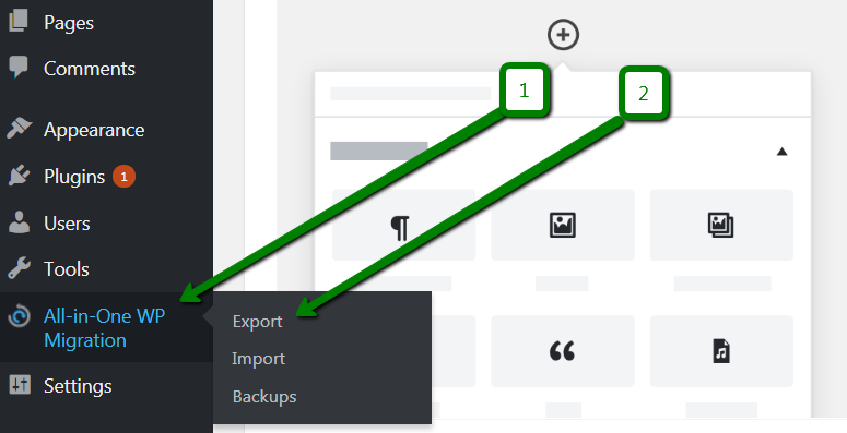 Green arrows point to All in One Migration options inside the WordPress dashboard