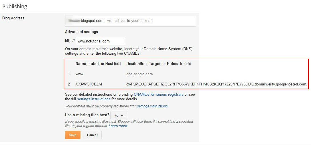 adding dns record provided by blogger to domain registrar