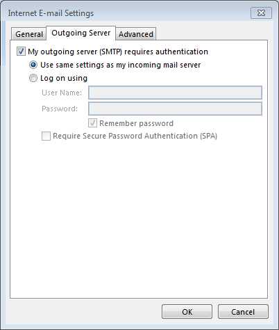 Outgoing Server Settings Screenshot