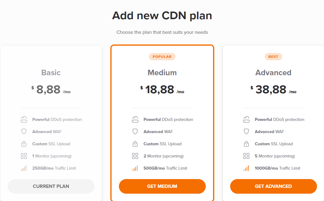 Screenshot with the Basic CDN plan selected