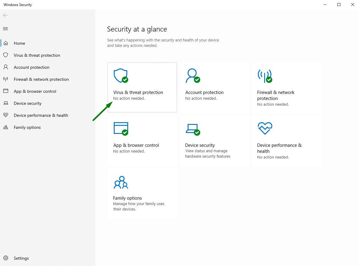 Example of the Windows security screen with green arrow pointing to Virus and threat protection