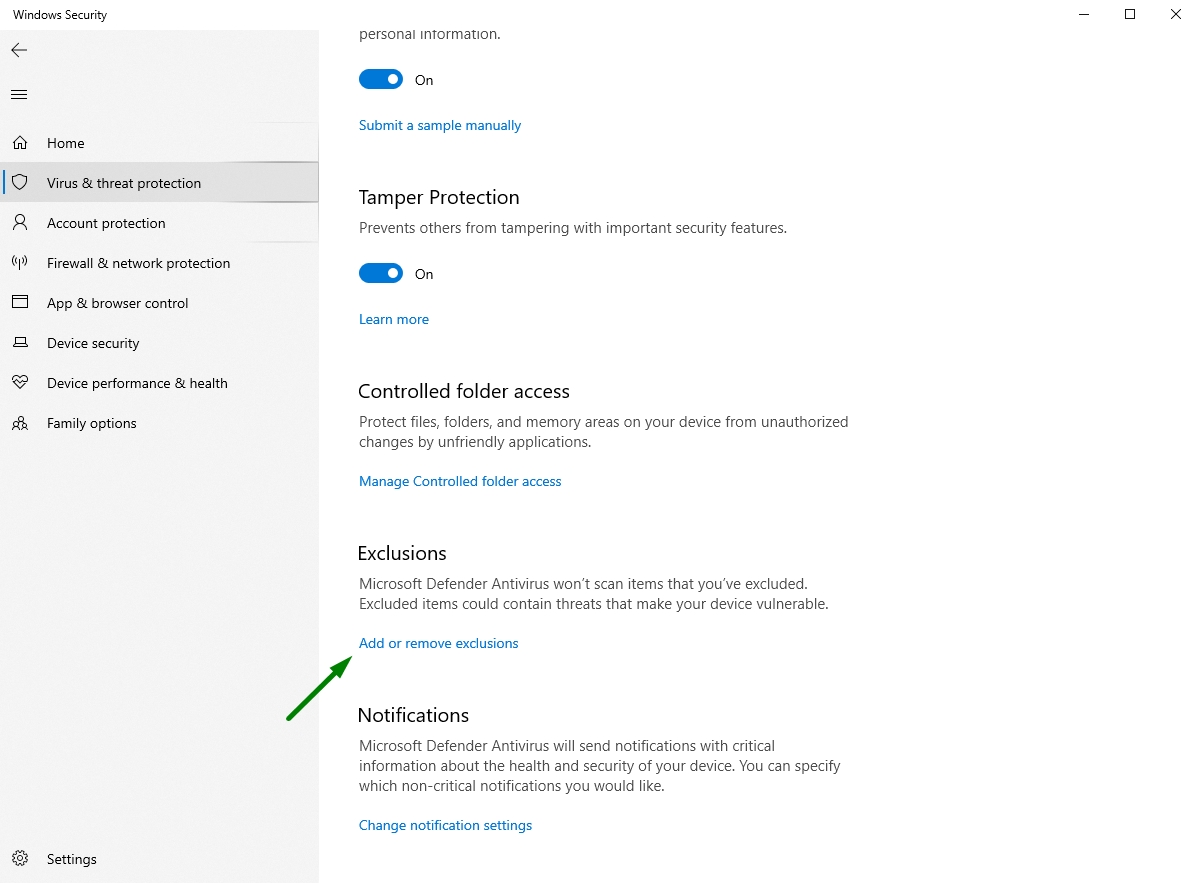 Example of the Windows security screen with green arrow pointing to Add or remove exclusions