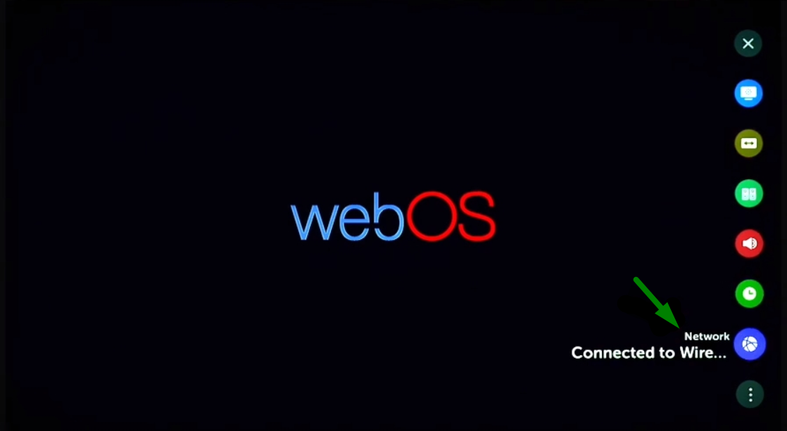 A green arrow points to the Network settings for webOS