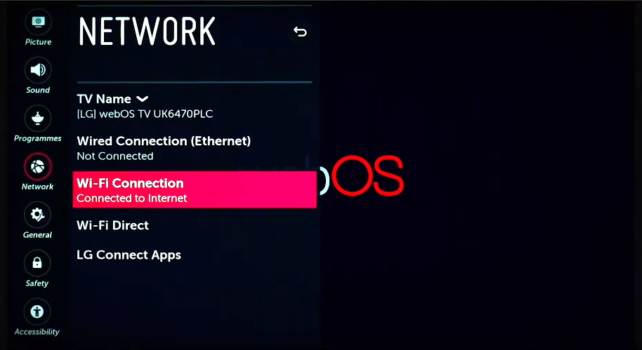 Wi-Fi Connection is highlighted within the webOS network settings