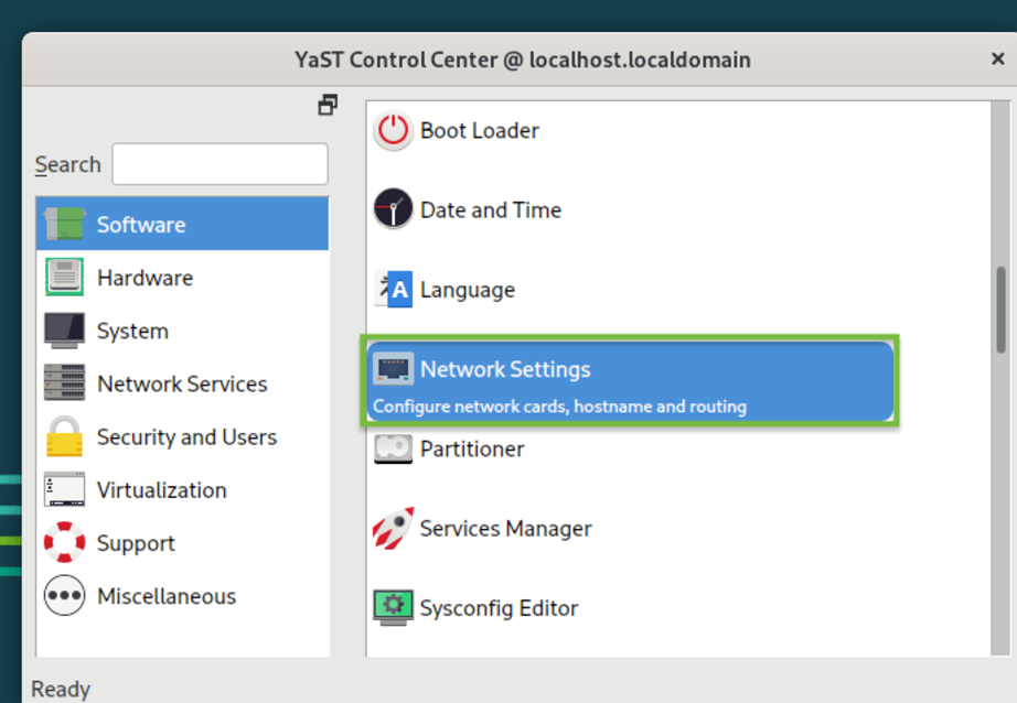 The YaST Control Center in OpenSUSE