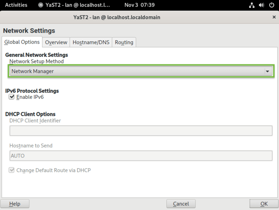 The Network Manager screen within Linux OpenSUSE