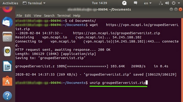 A screenshot of the Linux Ubuntu 18 Terminal window with a VPN configuration in progress.