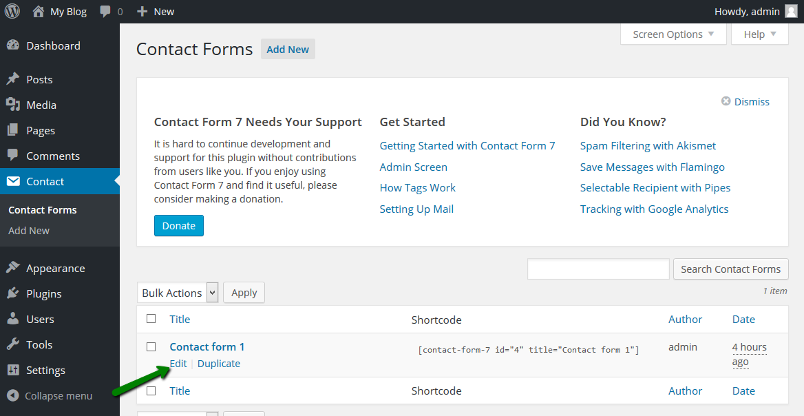 Screenshot from the WordPress dashboard where Contact Form 7 settings are changed