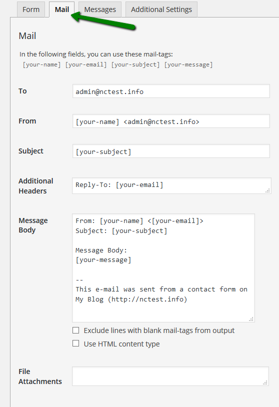 Screenshot of the editable Mail fields inside Contact Form 7 settings