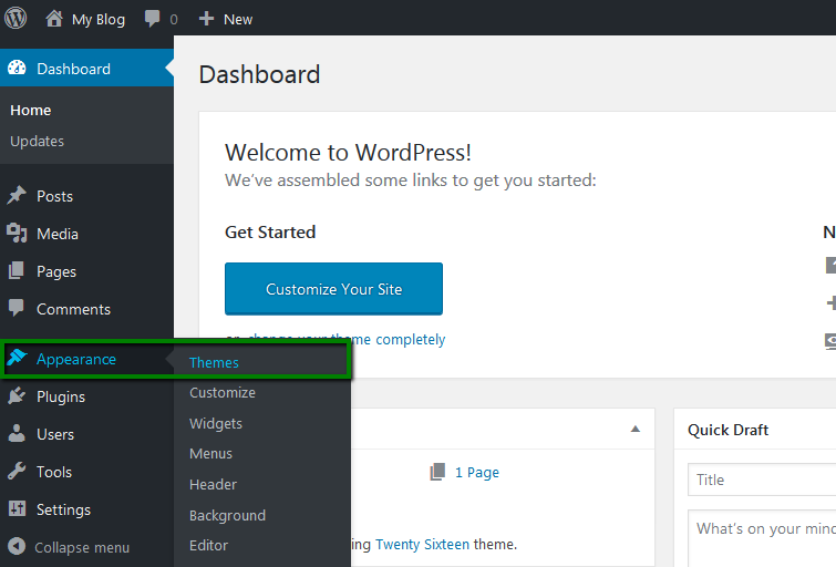 A screenshot of the WordPress admin dashboard with Appearance and Themes selected.