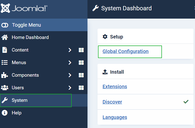 System > Global configuration Joomla. Joomla configuration.