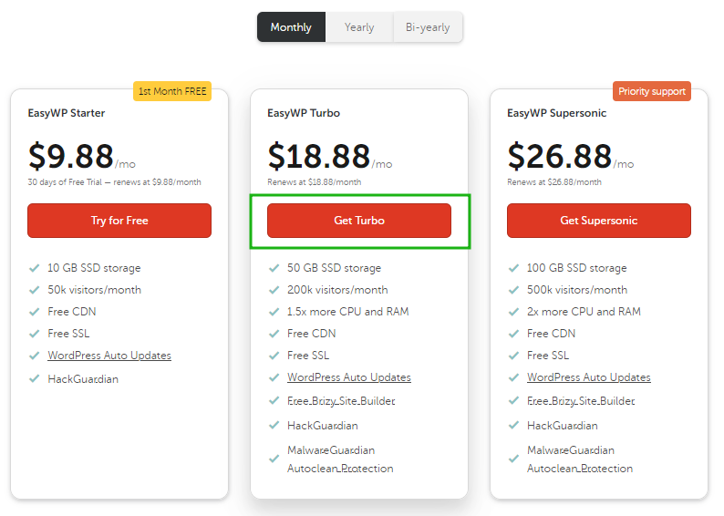 Three EasyWP WordPress hosting plan choices are shown