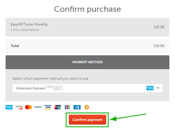 Example of the purchase confirmation screen when buying WordPress hosting.