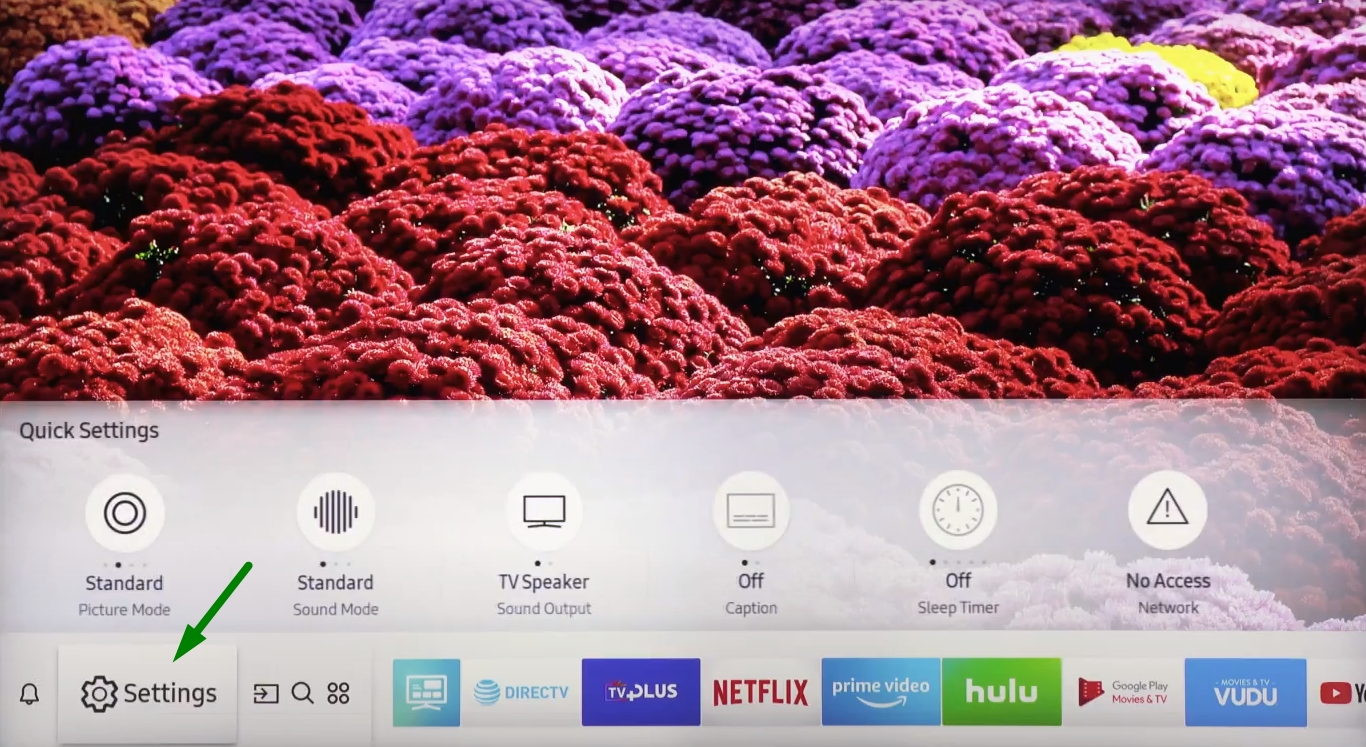 Arrow points to the Settings options on a Samsung Spart TV.
