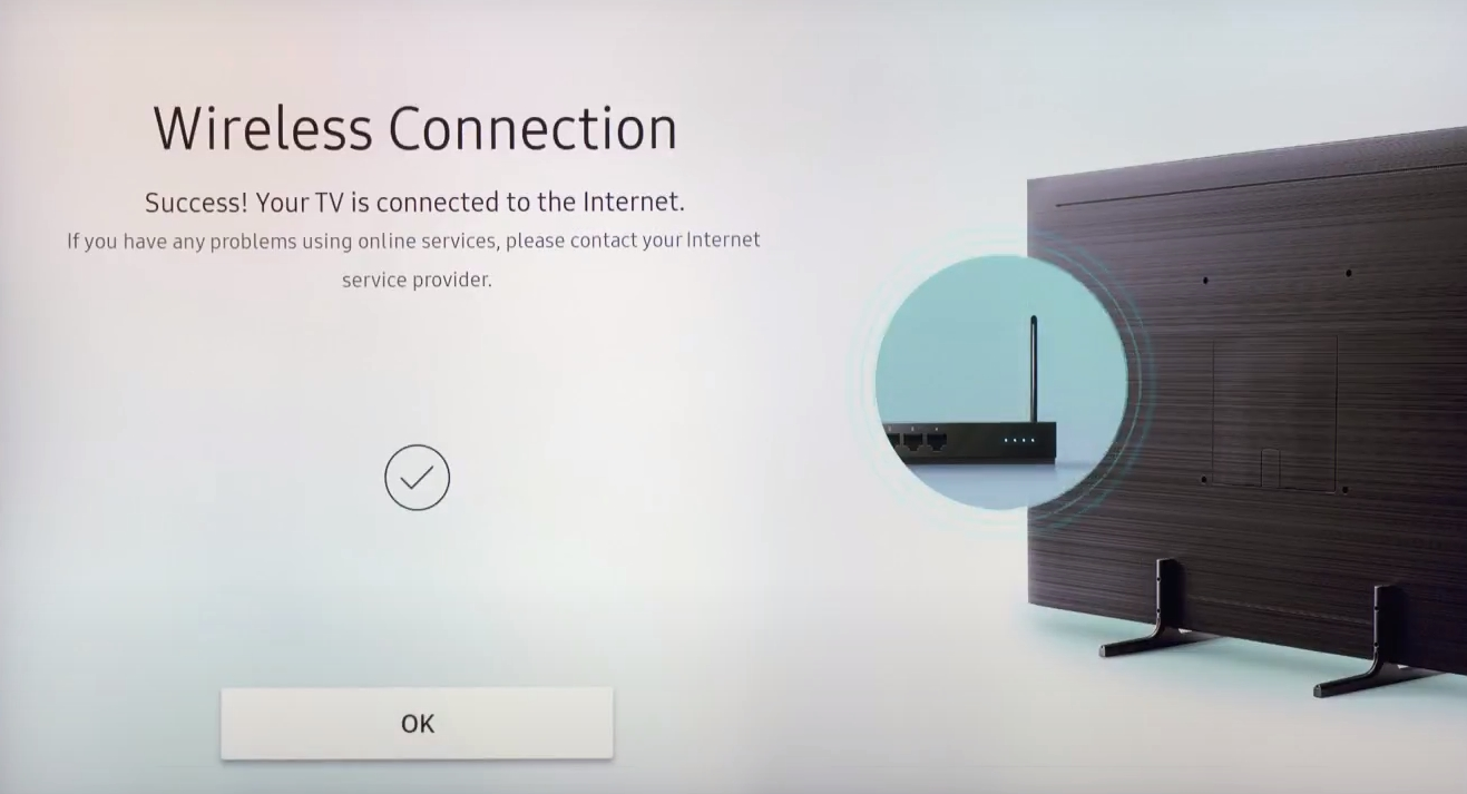 A check mark indicates the Wireless Connection is successful on a Samsung Smart TV.